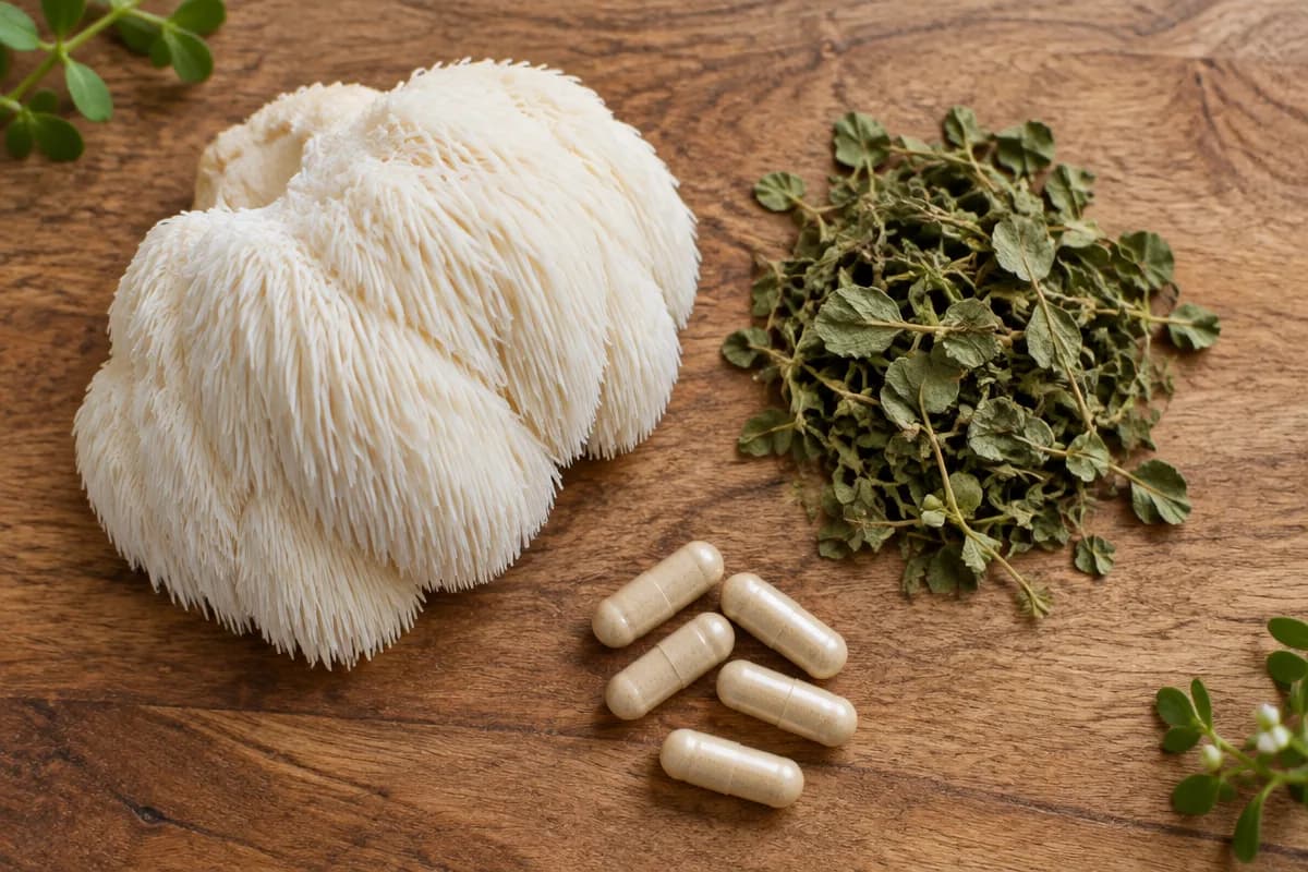 Dried bacopa leaves and a fresh lion's mane mushroom on a wooden board