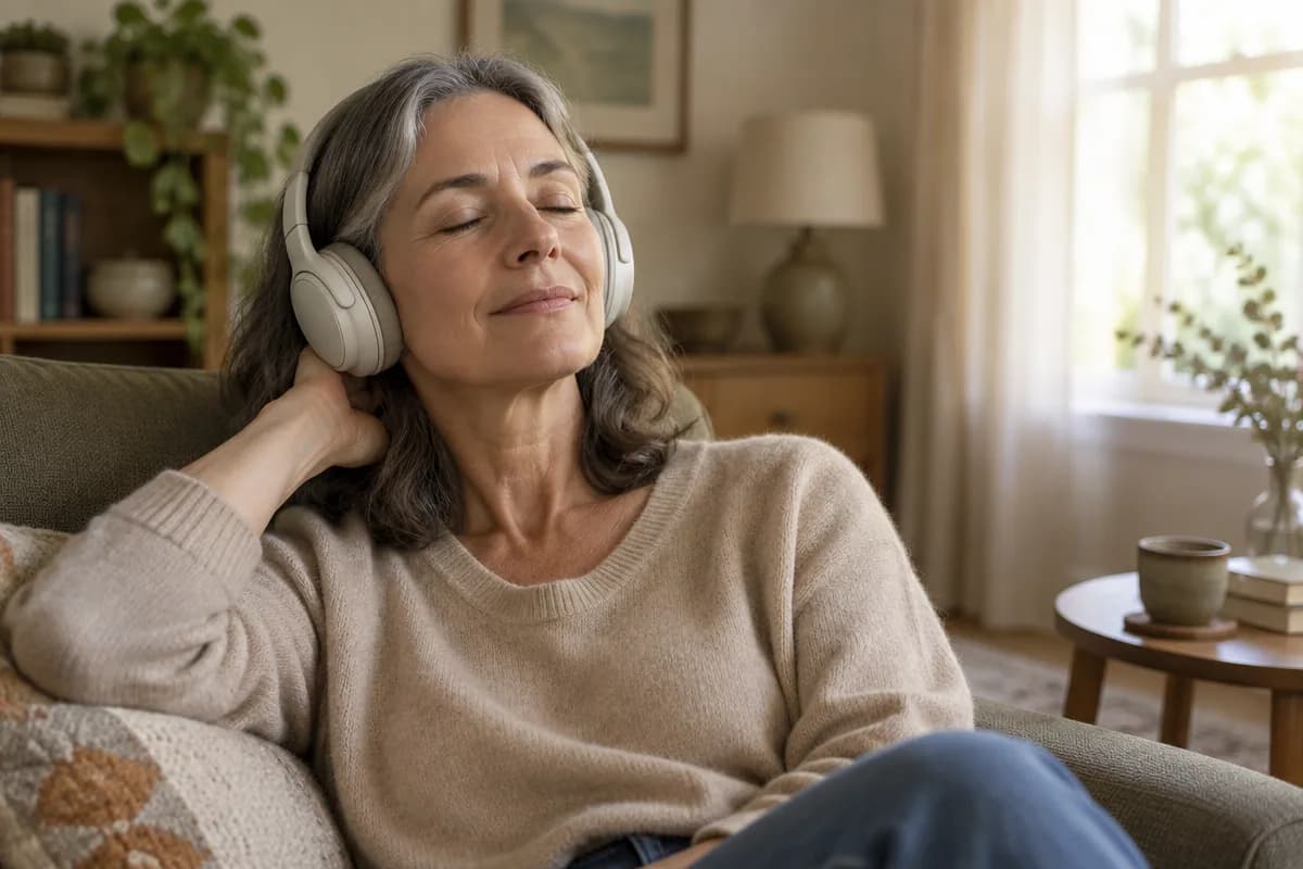 Person listening with headphones, eyes closed, in a quiet room