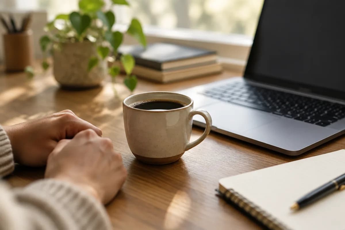 Cup of black coffee on a desk beside an open laptop in morning light