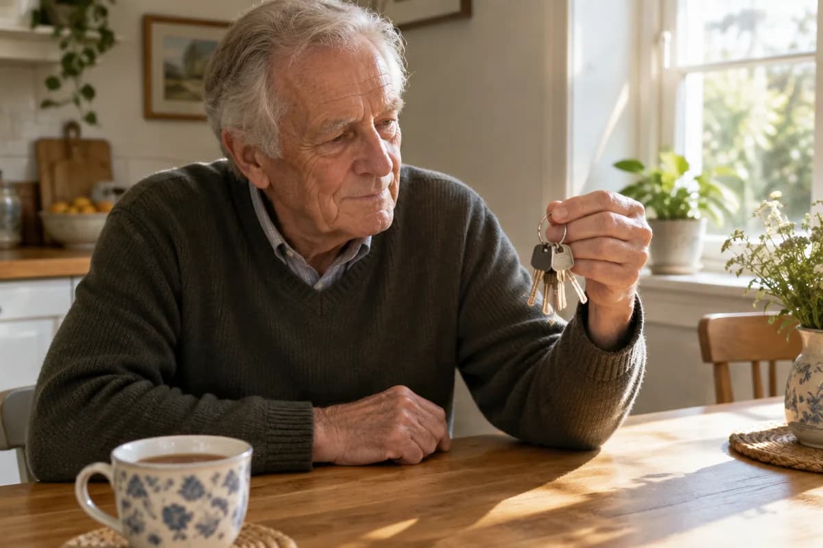 Older man at a kitchen table holding a set of keys, thinking
