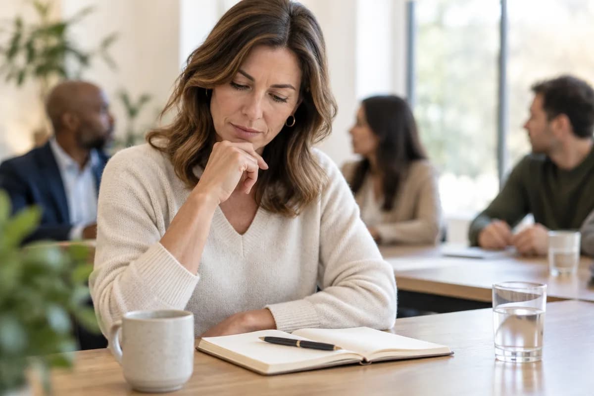 Woman in her forties at a meeting table, notebook open, gathering her thoughts
