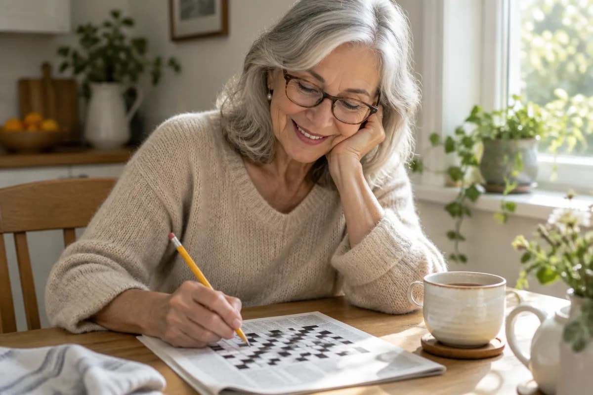 Smiling older woman solving a crossword puzzle at a sunlit kitchen table